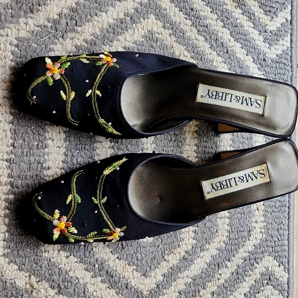 Sam and Libbey Mules. Black with embroidery and beads.
